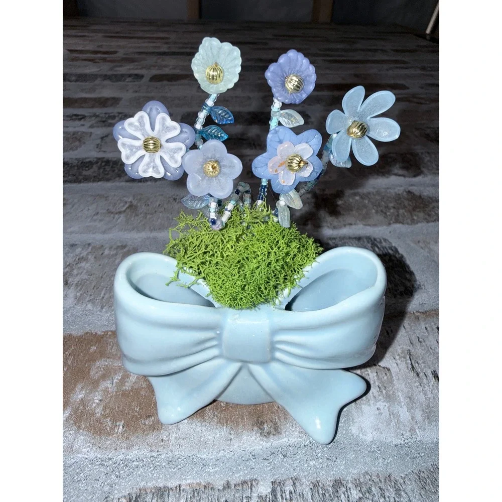 Vintage Blue Ceramic Bow Vase with Beaded Glass Flowers Miniature Arrangement